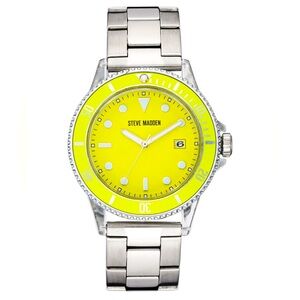 Women's Silver-Tone Metal Link Bracelet Lime Yellow Face Watch, 40X47.5mm